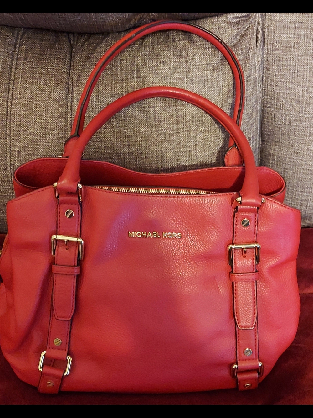 Michael Kors Red Pebble Leather Shoulder Satchel with Gold-Tone Hardware